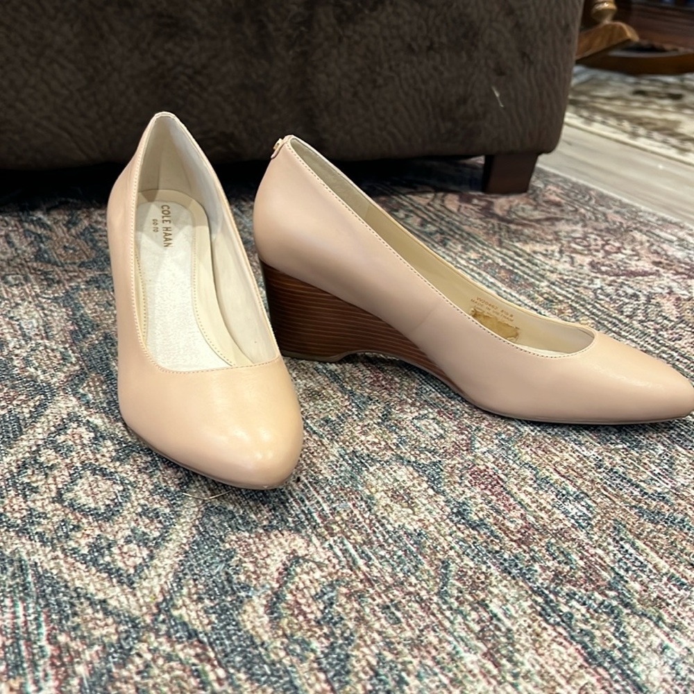 Cole Haan Go-To Round-Toe Beige Wedge Heels